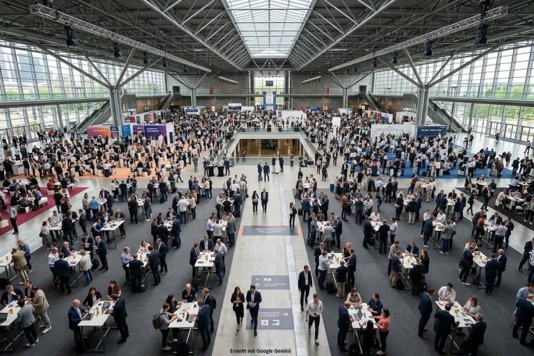 Netzwerk_Bild Eine große Halle mit vielen Menschen, wie auf einer Messe
