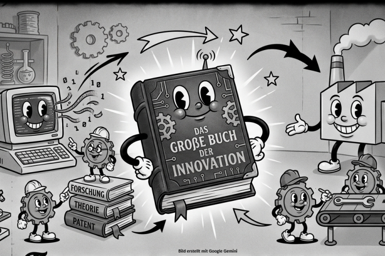 Technologietransfer-Bild EIne 1920er Jahre Cartoon mit einem "Großen Buch der Innovation" in der Mitte sowie weiteren Gegenständen mit einem Gesicht
