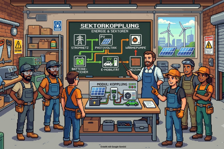 Bild Veranstaltungen Eine Personengruppe steht um einen Tisch herum mit einer Tafel auf der "Sektorkopplung" mit seinen einzelnen Elementen dargestellt wird.